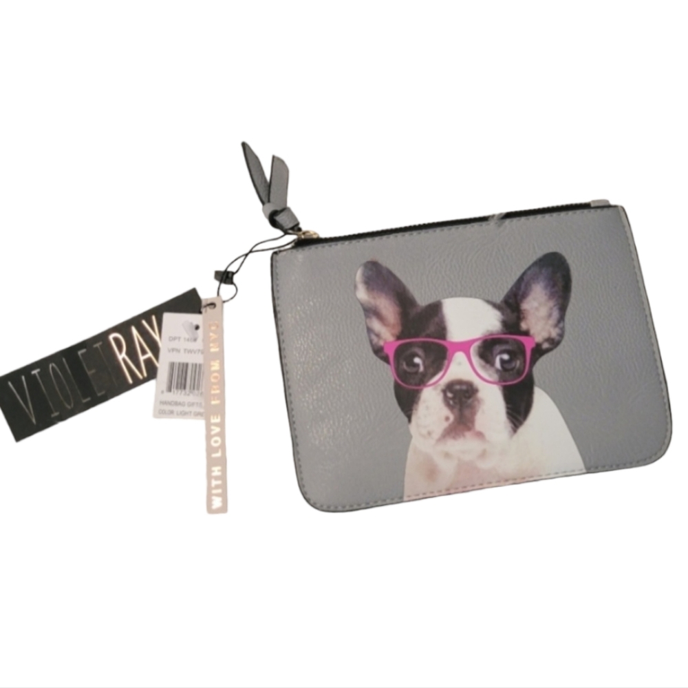 Violet Ray Dog With Pink Glasses Zippered Clutch Bag.